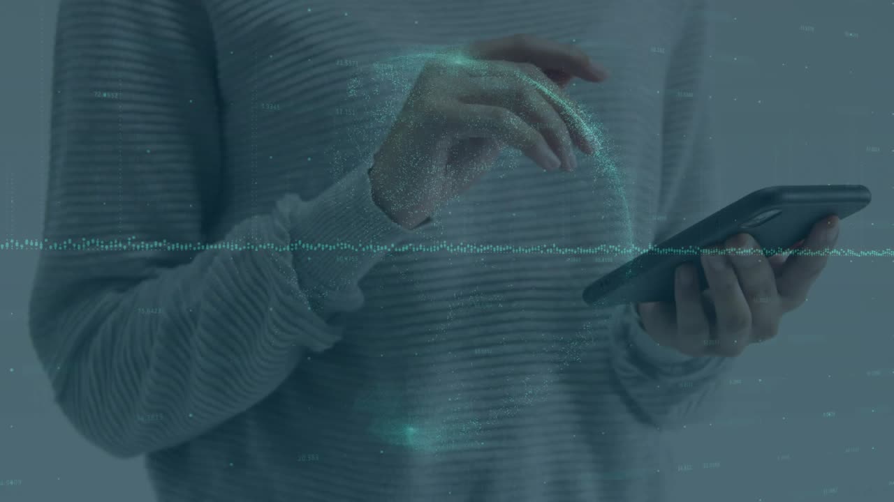 Woman with phone left hand gesturing, holo globe and waveform flaring then fading for tech demo