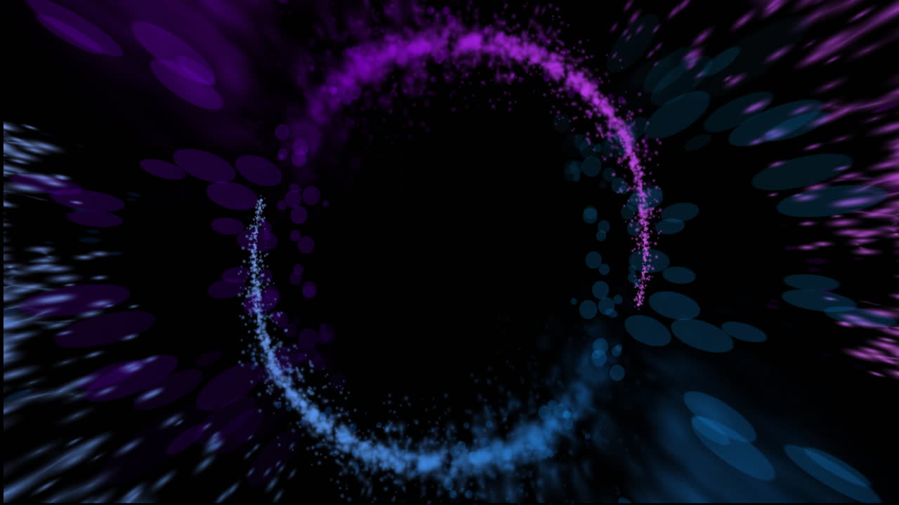 animación de rastros de luz coloridos y puntos que forman círculos sobre un fondo negro