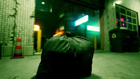 garbage bag on a dark city street at night