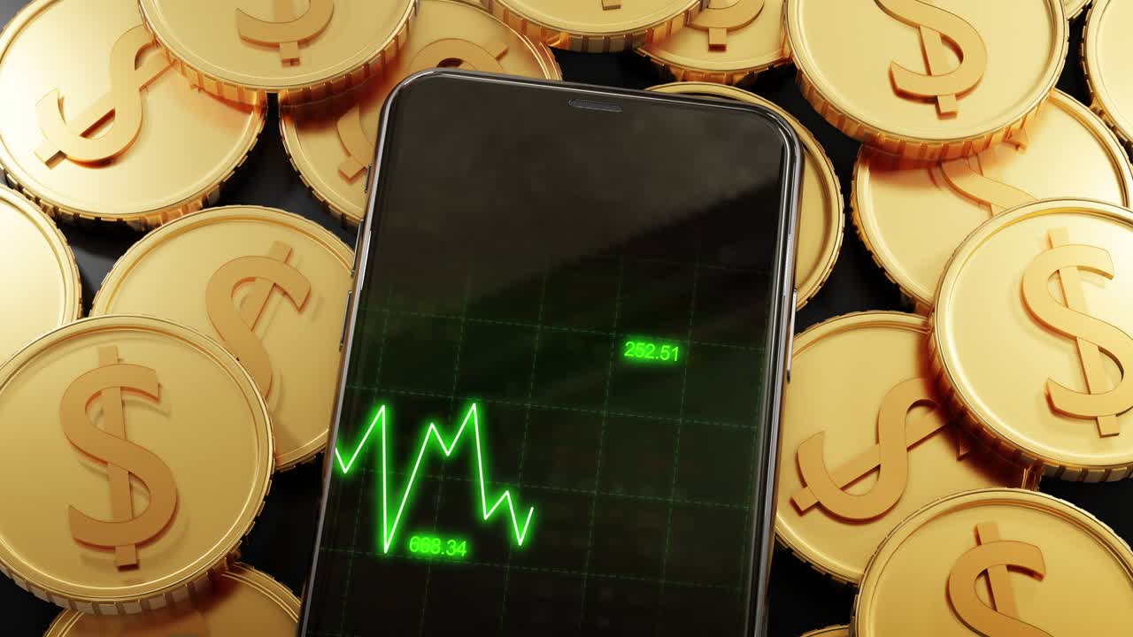 teléfono en dólar dinero moneda pantalla mercados de valores tendencia al alza gráfico dinámico