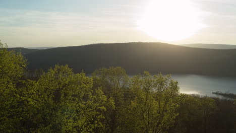 Aerial-footage-flying-over-green-spring-trees-to-reveal-the-Tennessee-River-in-the-gorge-outside-of-Nickajack-Lake