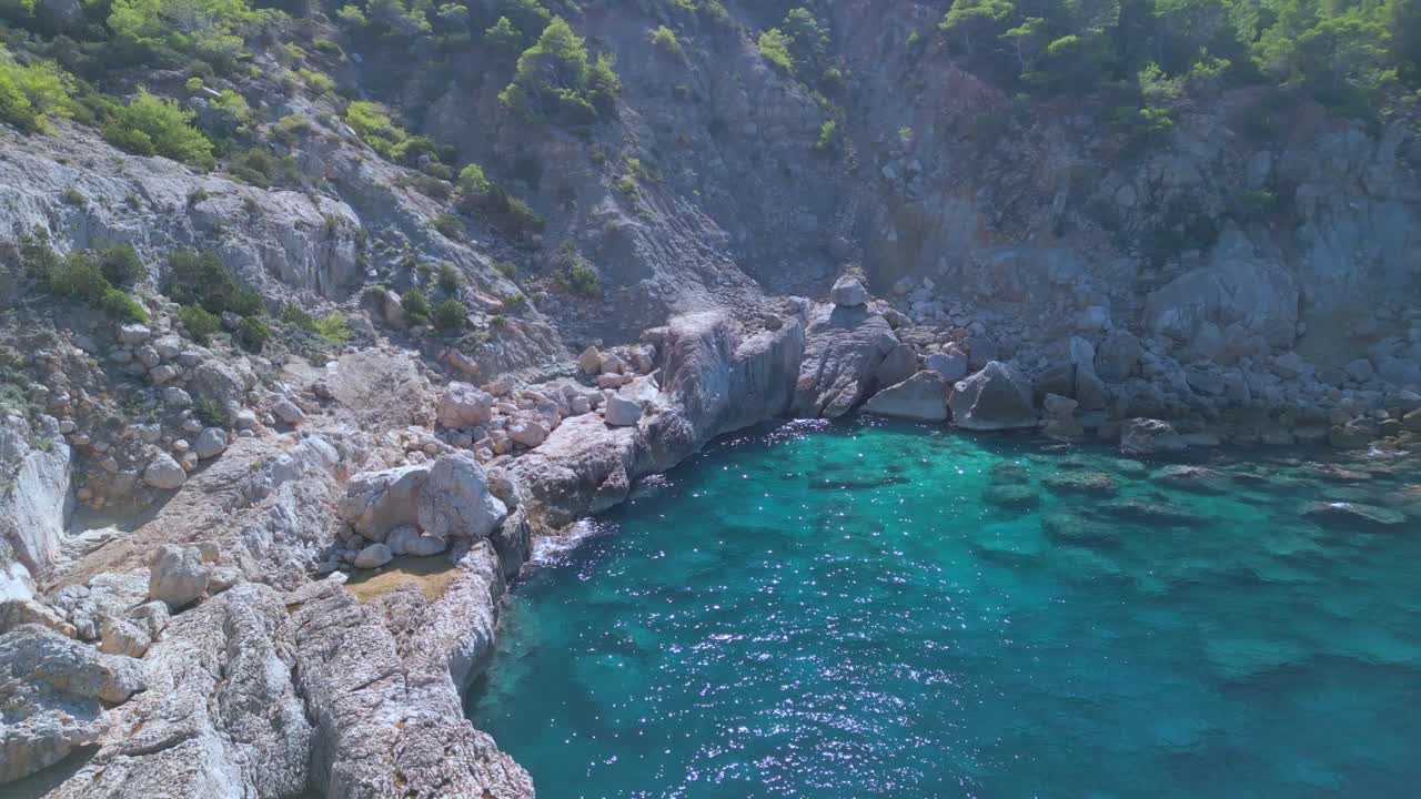 Blue lagoon surrounded by rocks and cliffs