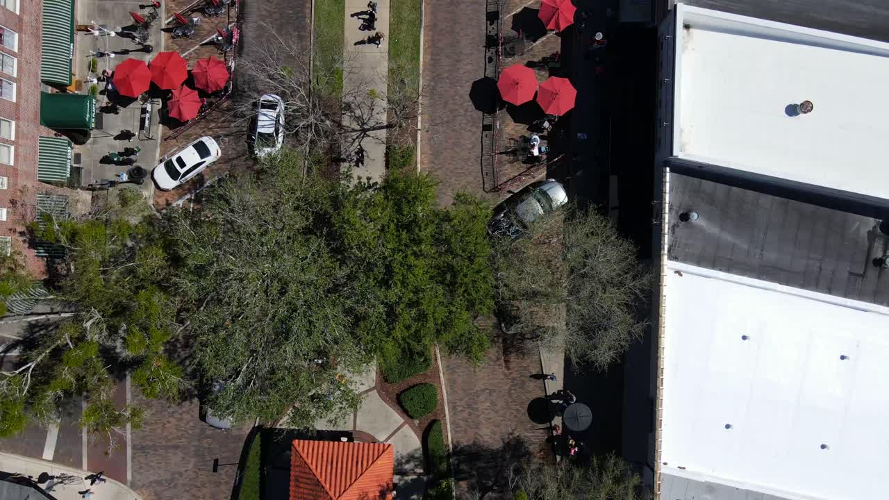 Top down drone shot flying over small town