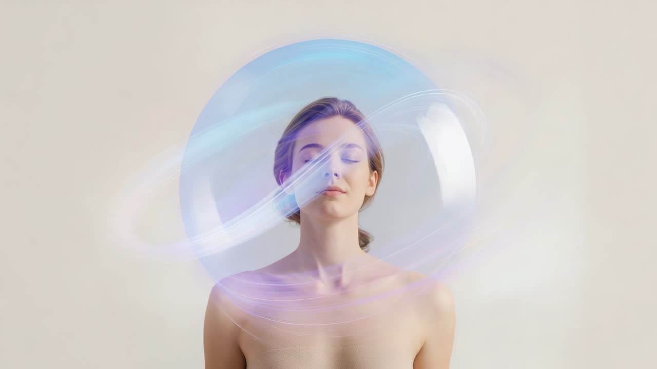 Modelo em pé de olhos fechados sem alças em estúdio, prompt movendo uma fita em volta de uma esfera transparente para o retrato