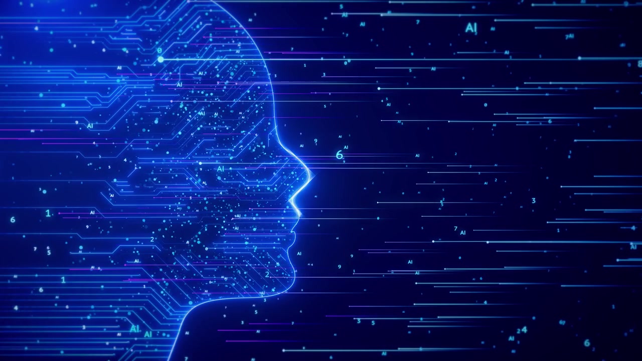 Future ai tech machine learning face circuit board binary data flow background cyber mind human