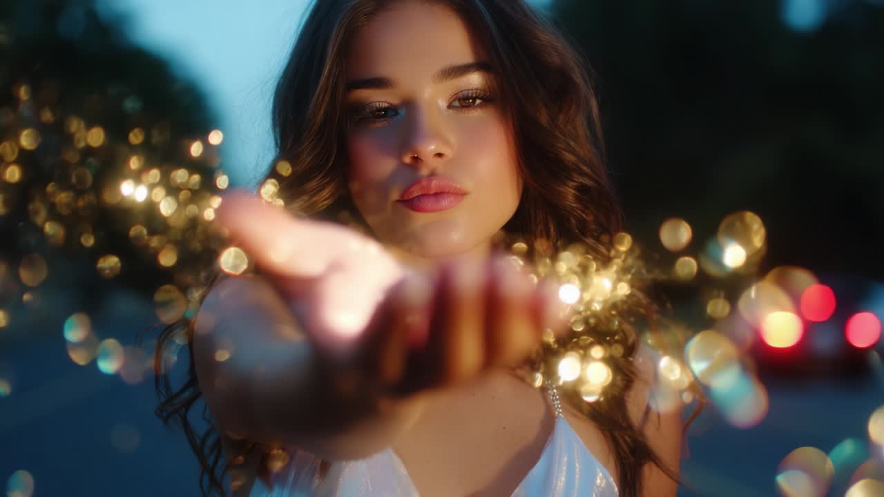 A Captivating Moment of Enchantment: A Beautiful Young Woman Extending Her Hand with Magic Sparkles in the Air, Showcasing a Dreamlike Scene That Captivates Viewers with Its Elegance and Mystique
