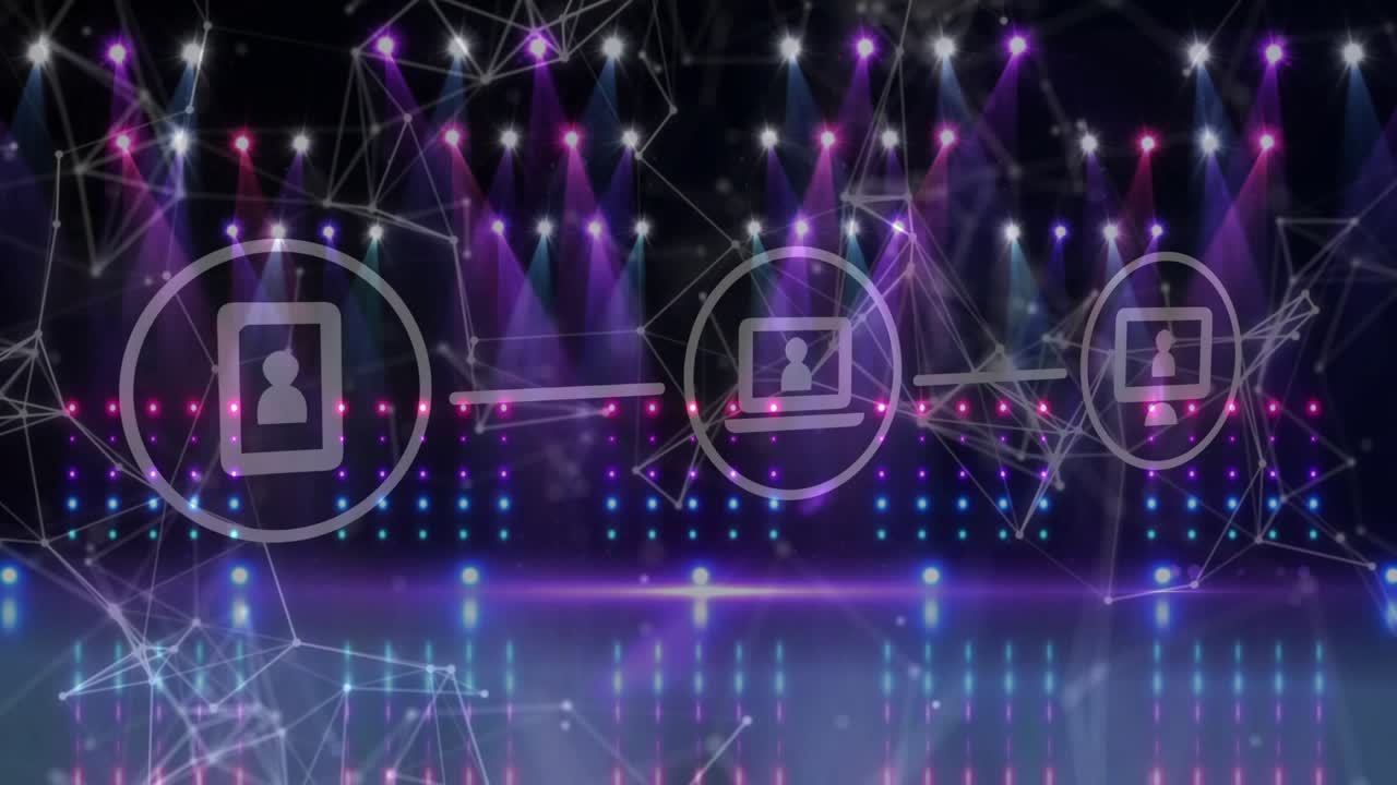 Spotlights pulsing, glyph trio appearing left right, lines linking, mesh moving, showing network