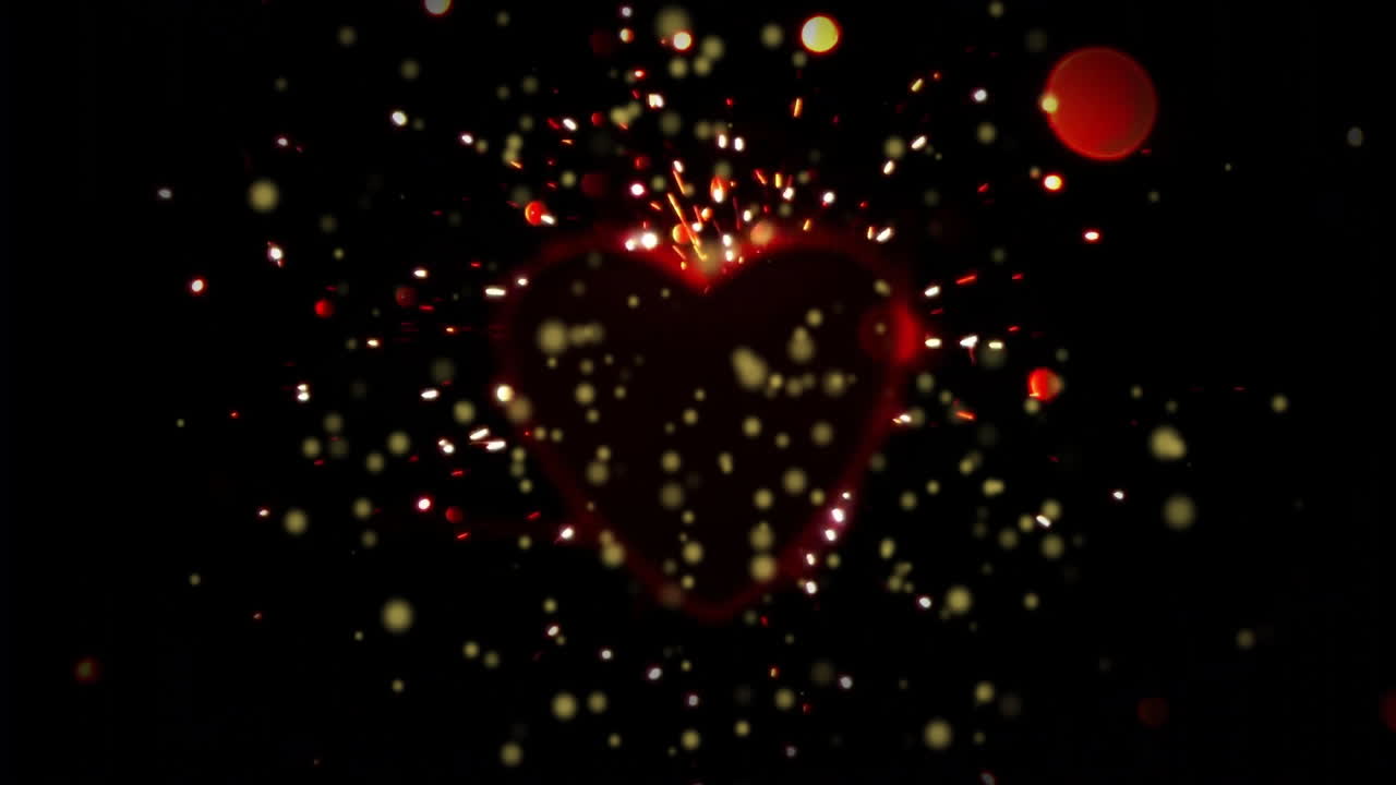 Glowing heart silhouette floating within dark void, emitting dynamic red orange yellow sparks