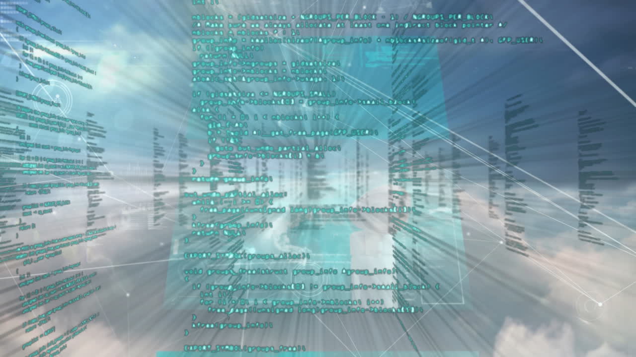 animación del procesamiento de datos y conexiones sobre el cielo con nubes