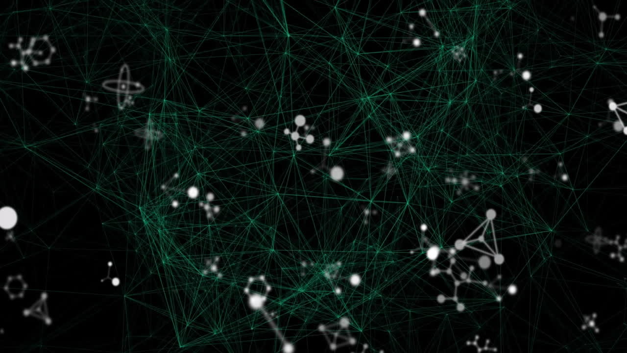 Animation of molecular structures and network connections on dark background