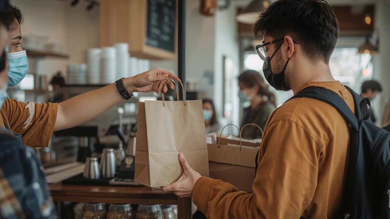 Personale che porge una borsa a un cliente con un top color senape, che ritira l'ordine con delle scatole, con spazio per il testo.