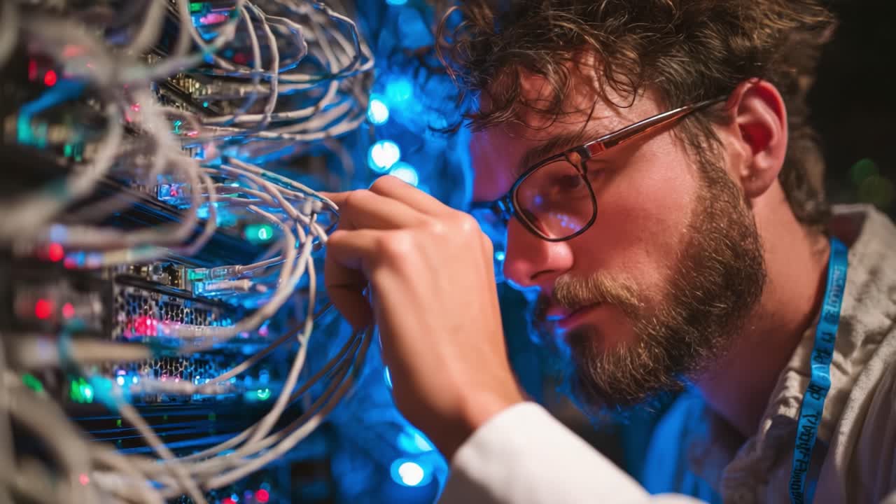 Focused Technician Adjusts Network Connections Amid Colorful LED Lights, Integrating Technology and Innovation in Complex Systems for Optimal Performance