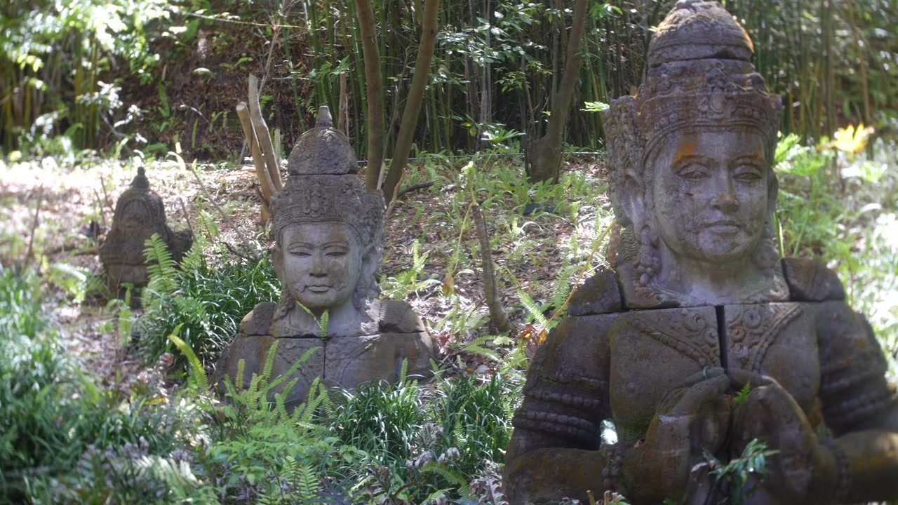 Statues de figures religieuses de Bouddha sculptées dans la pierre, parmi les fougères et les bambous, dans un jardin tropical tibétain ensoleillé. Sculptures de temple patinées par le temps dans un ancien sanctuaire bouddhiste asiatique.