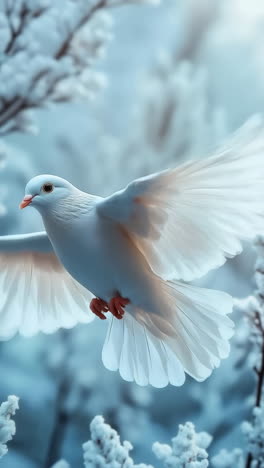 white bird soaring in snow. a white bird gracefully flies through a snowy environment, wings spread wide amidst frosty branches and soft light.