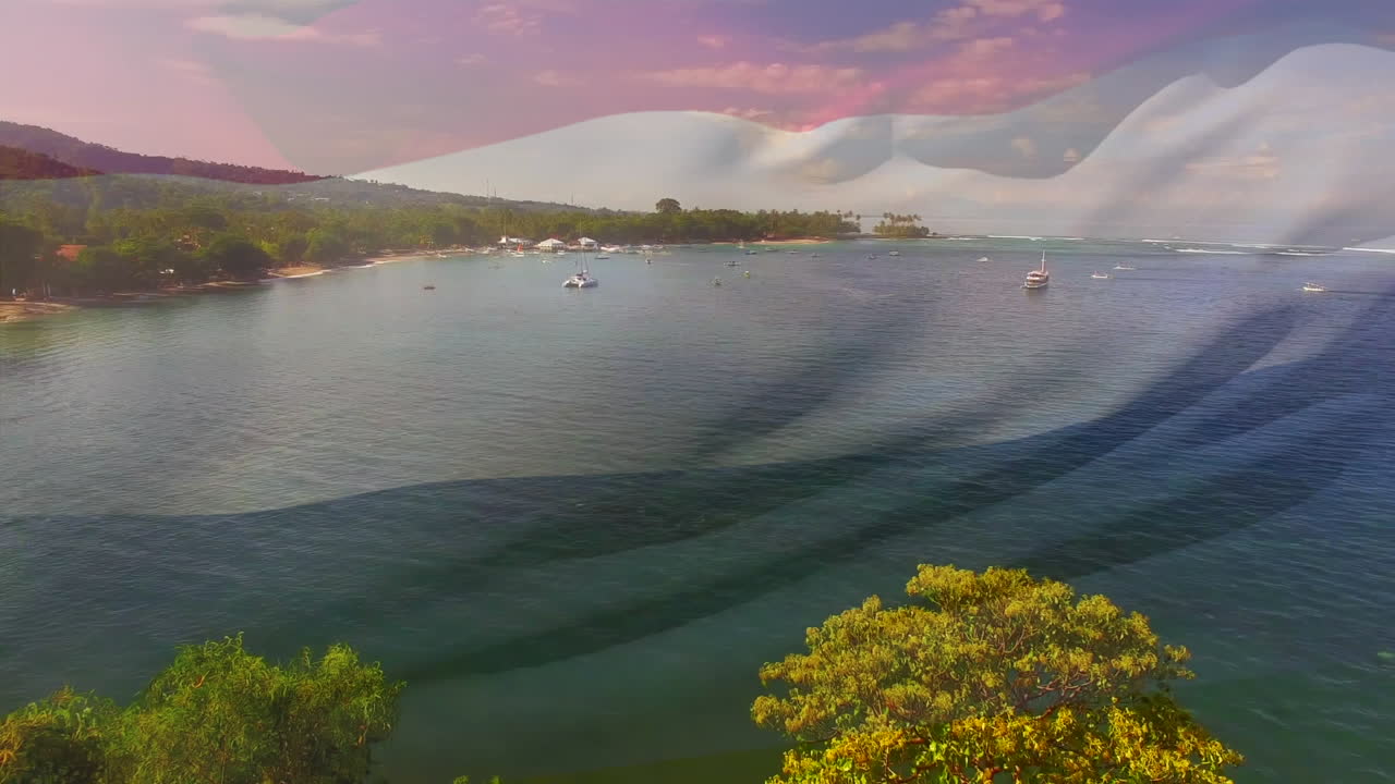 Animation of flag of netherlands blowing over okay hands on beach landscape