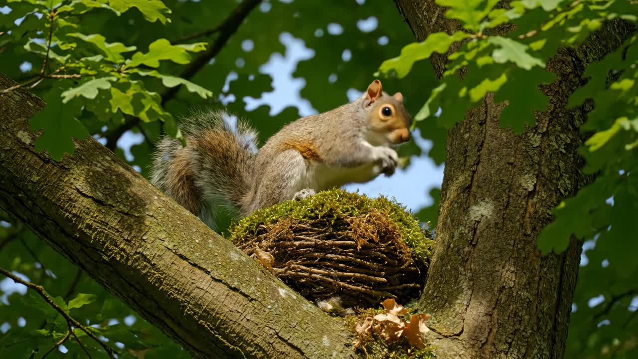 Squirrel in a tree building a nest