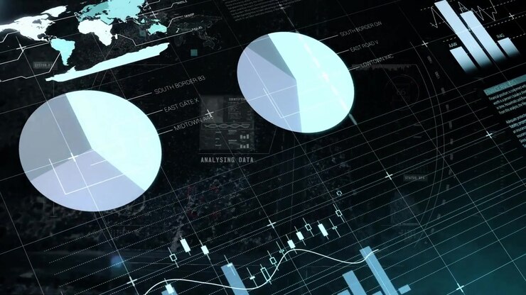 Animation of financial data processing over grid and dark background