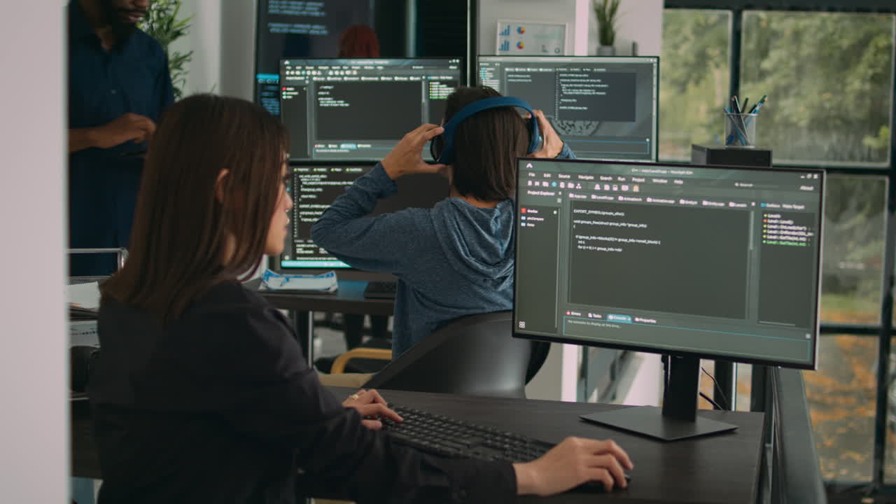 Woman programer typing source code on computer keyboard