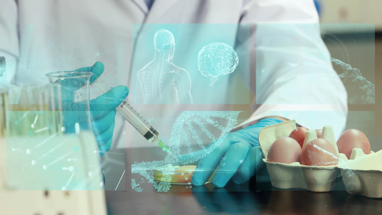 Scientist injecting liquid into petri dish with brain and DNA animation overlay