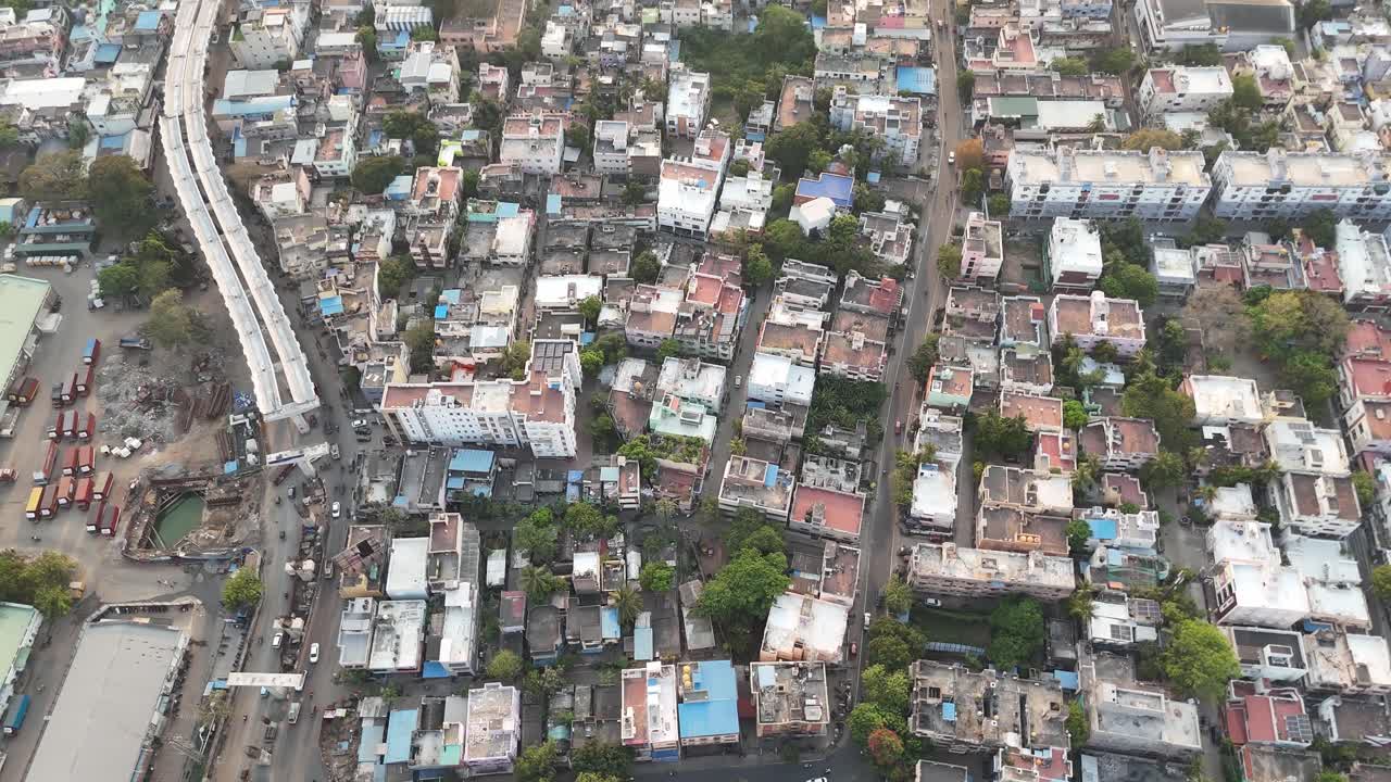 Iconic South Indian neighborhood with coconut trees and compact homes from above