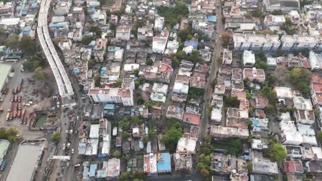 iconic south indian neighborhood with coconut trees and compact homes from above