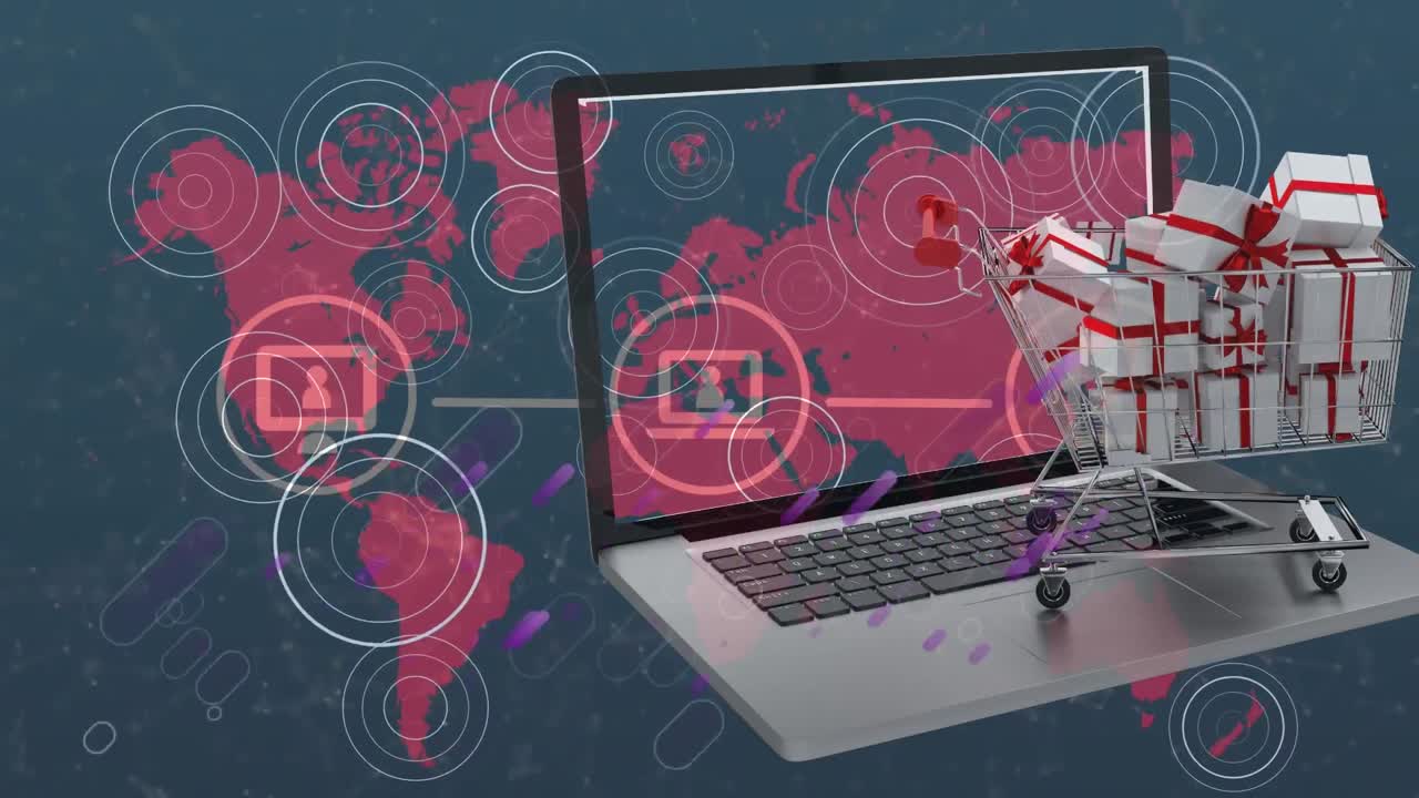 animación del carrito de compras, computadora portátil y redes sobre el mapa del mundo