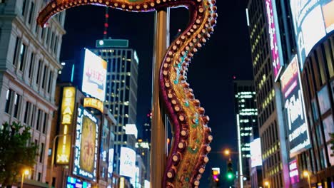 octopus sculpture on a city street pole at night