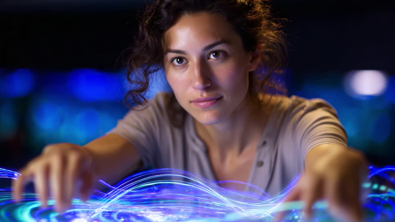 Interagire con la luce: una donna con onde digitali fluenti, che illustra creatività e innovazione attraverso elementi visivi dinamici in un ambiente futuristico