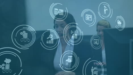 animación de la red de conexiones con iconos sobre personas de negocios que usan auriculares telefónicos