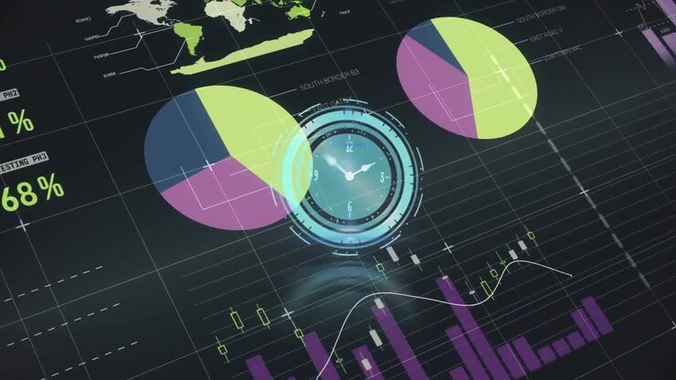Animation of clock with turning hands and data processing and graphs on black interface