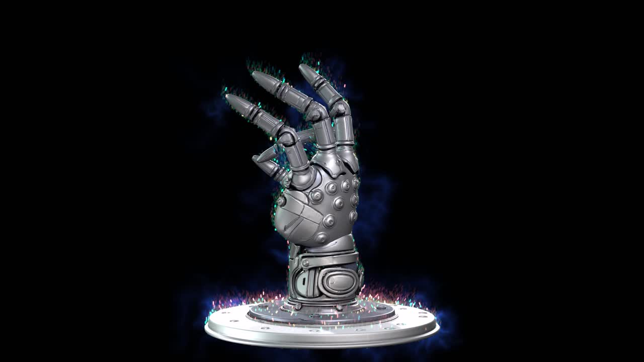 Highly detailed 3D robotic hand design 02, with articulated mechanical fingers, metallic surfaces, and glowing energy accents on a dark background. Ideal for AI concepts, and sci-fi projects