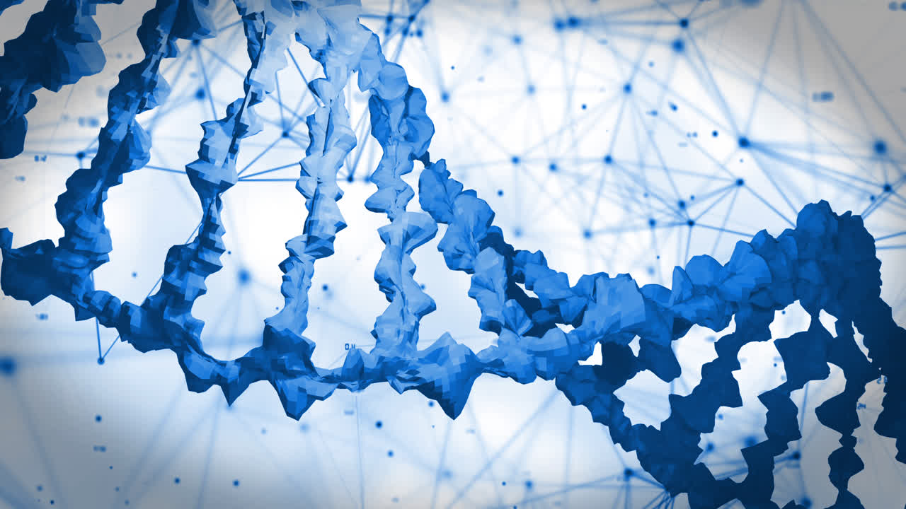 Animazione macro di un filamento di DNA 3D blu in rotazione.