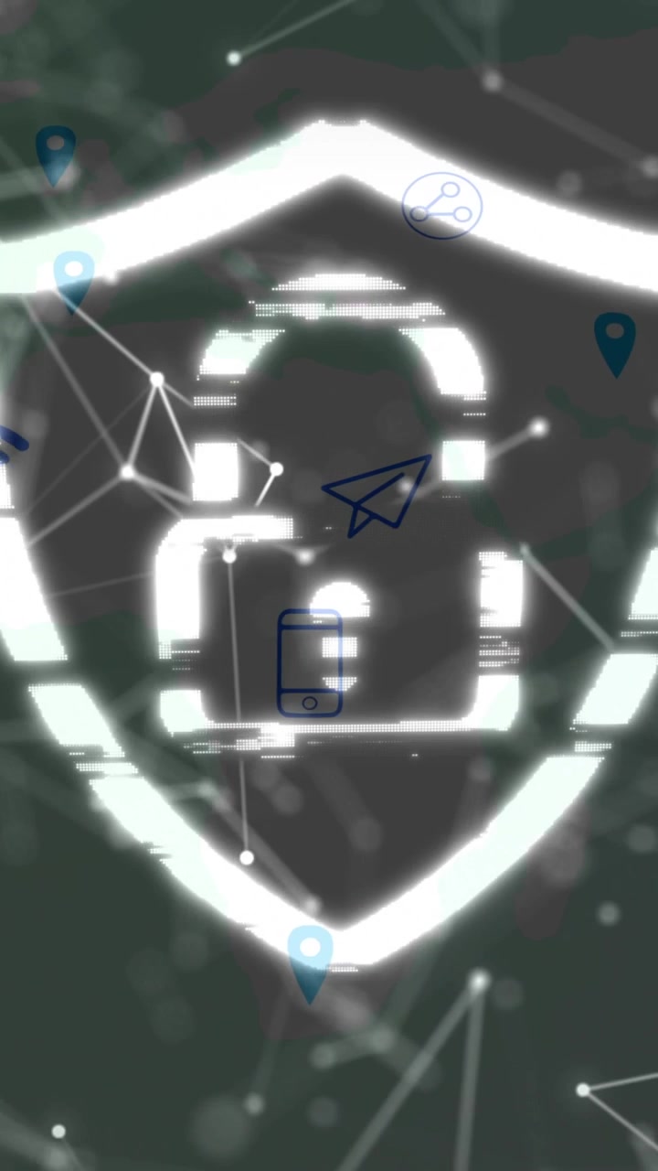 Vertical video: Glitch casting shield around padlock, phone and icons settling, showing security