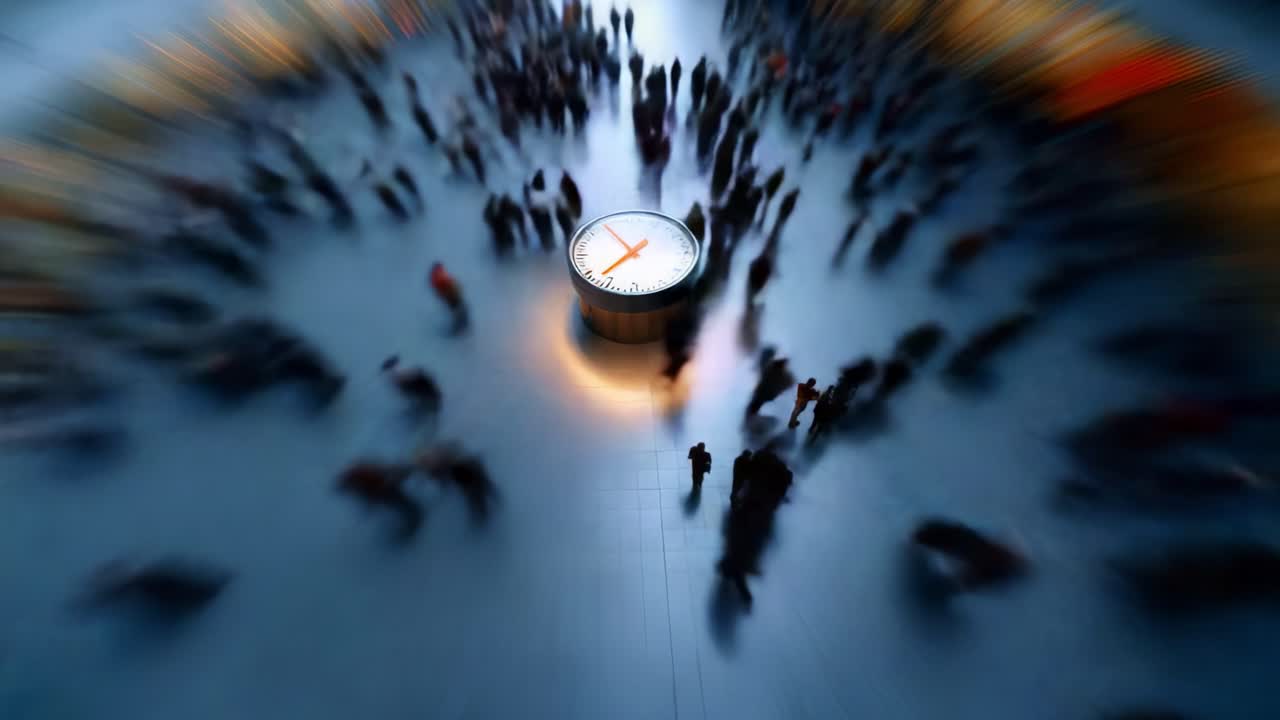 An aerial view captures the vibrant motion of busy pedestrians circling a large clock in a bustling indoor environment, creating a captivating blend of time and activity