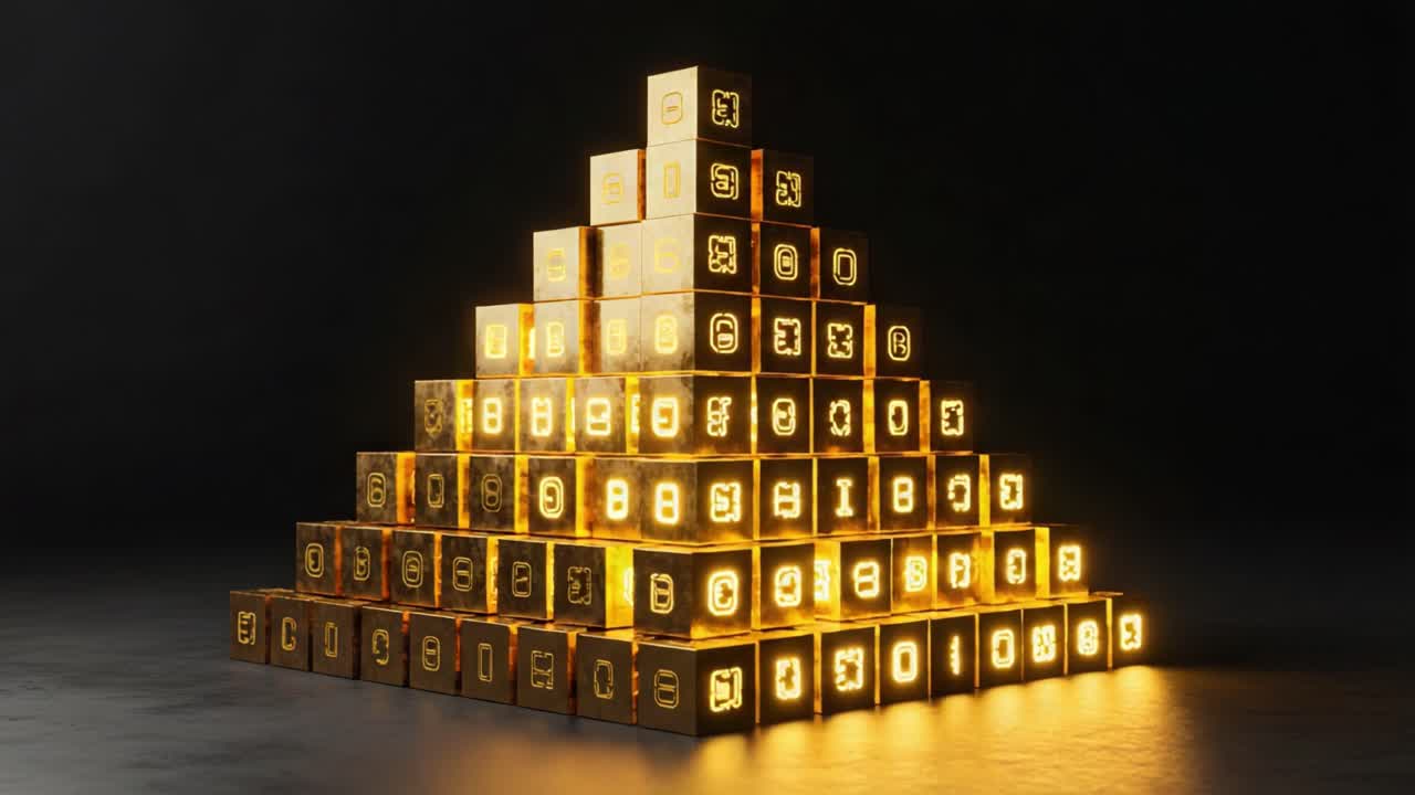 A stunning visual representation featuring a pyramid structure made of illuminated blocks, showcasing intricate designs and captivating light reflections in a dark setting.