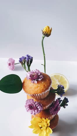 beautiful stacked cupcakes with flowers and lemon