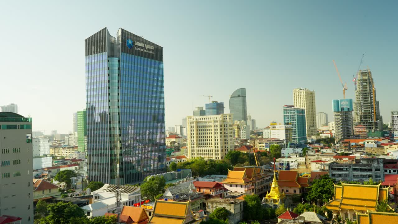 City skyline showing contrast between modern high-rises and traditional golden palaces.
