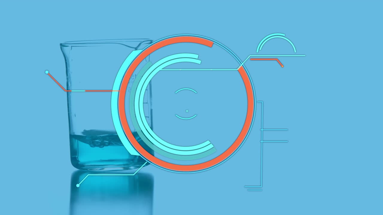 파란색 배경에 실험실 유리로 액체 위의 가공 원의 애니메이션