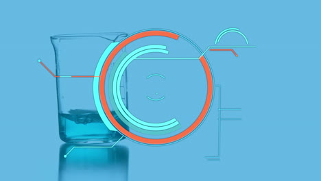 animación de un círculo de procesamiento sobre líquido en vidrio de laboratorio sobre fondo azul