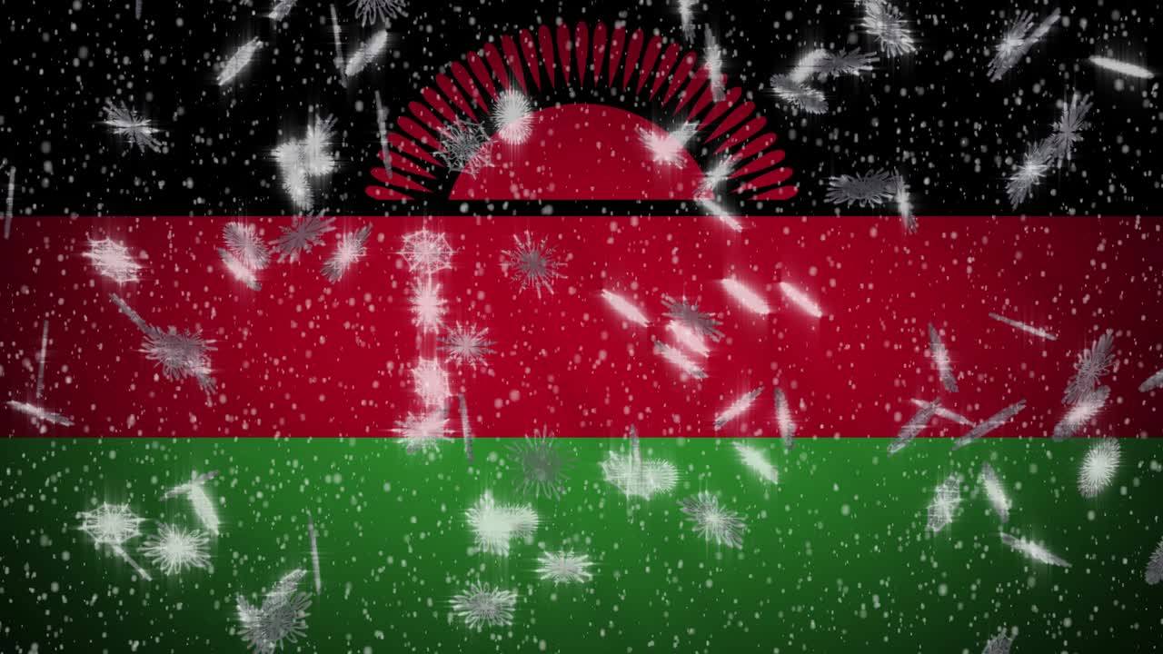 Malavi bayrağı, yağan kar, döngülü, Yeni Yıl ve Noel arka planı
