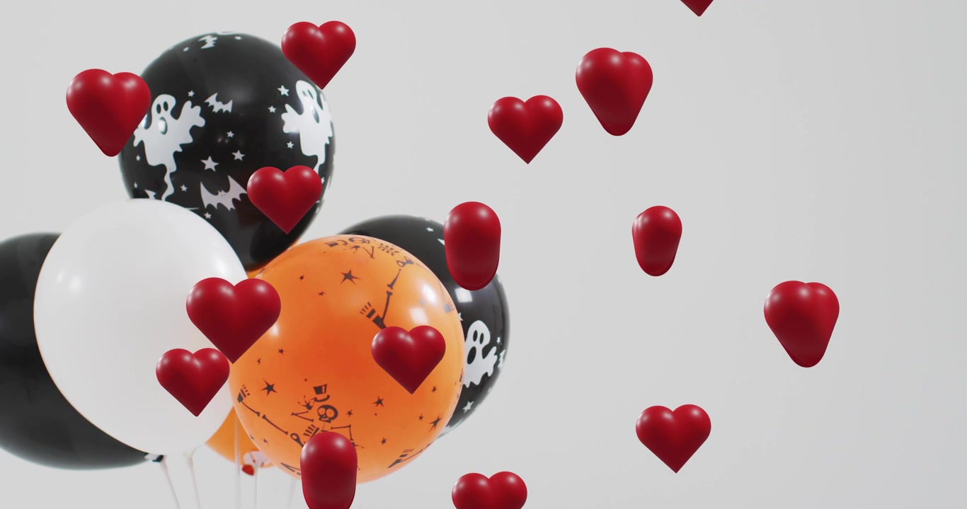Corazones flotando desde arriba, cruzando globos de Halloween inmóviles, creando una cascada en capas.