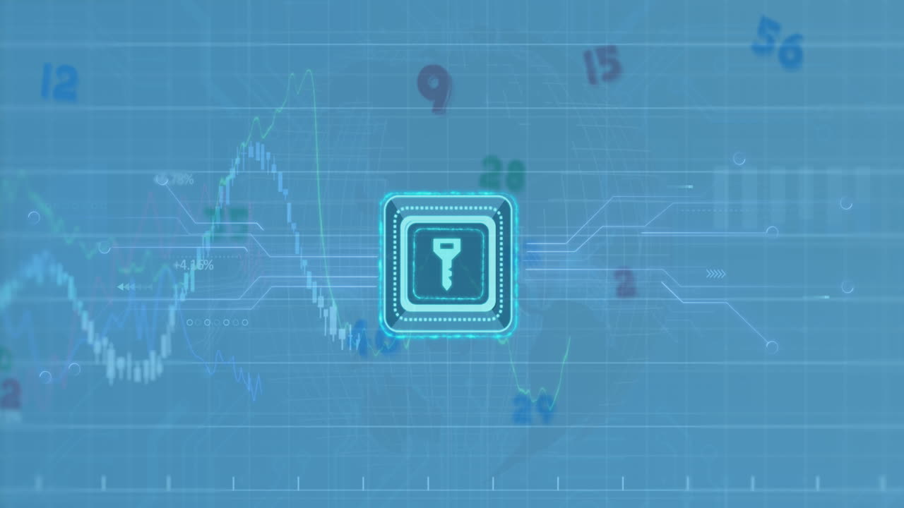 animación de la clave en cuadrados, gráficos múltiples con números cambiantes, patrón de placa de circuito en números