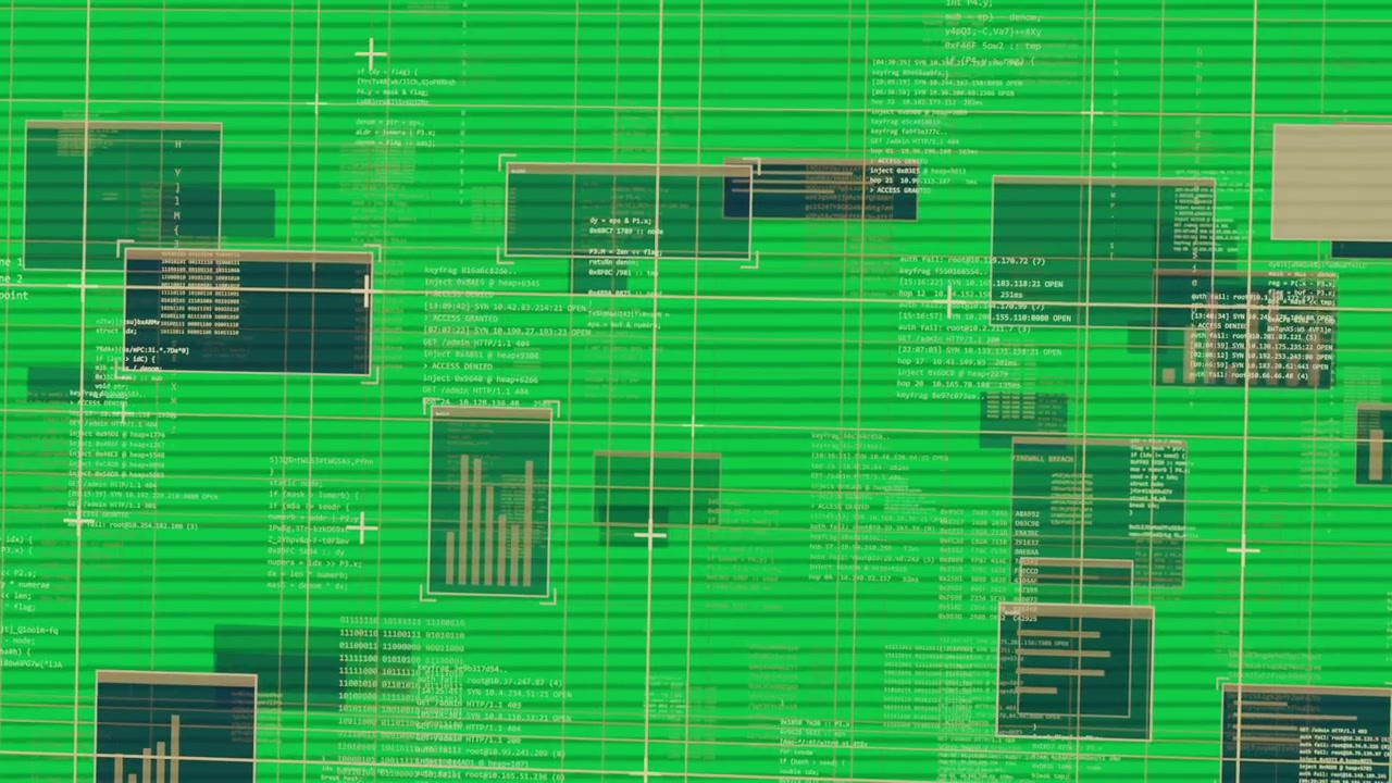 Dense grid reacting to crosshair, panels sliding stacking, text shifting, drifting for monitoring