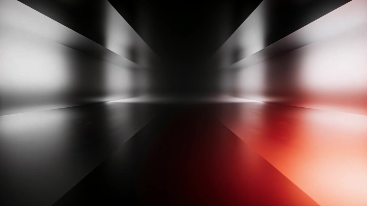Mostrando túnel brilhante com painéis pulsantes e um brilho vermelho-alaranjado aparecendo, espalhando-se, com o chão refletindo.