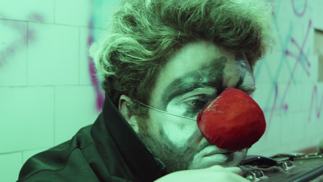 Trauriger Clown sitzt mit Koffer in der U-Bahn