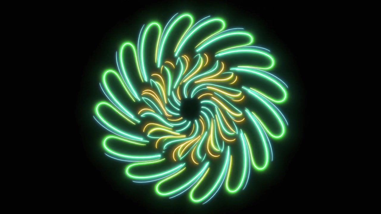 Glowing Neon Abstract Circular Pattern Rotating on Black Background