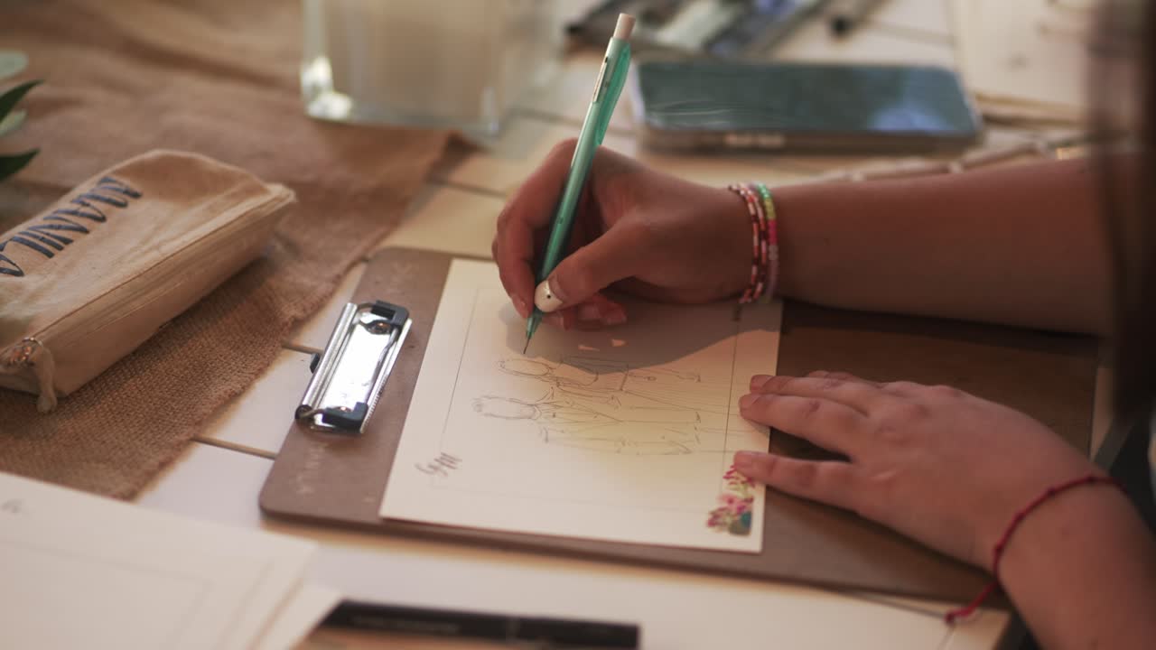 Close up of a woman drawing a fashion sketch on a clipboard with a pencil