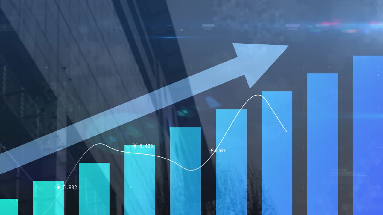animación de la flecha azul con procesamiento de estadísticas sobre el paisaje urbano