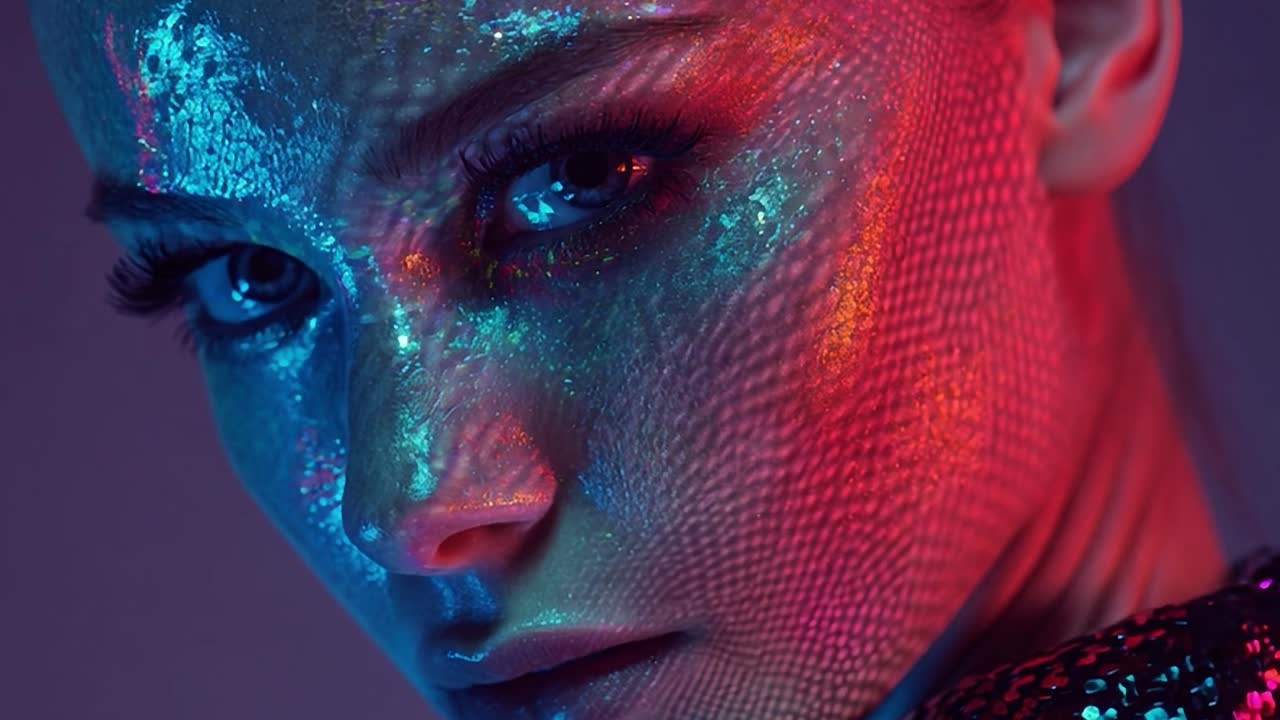 Colorful close-up of a woman's face with artistic makeup and lighting