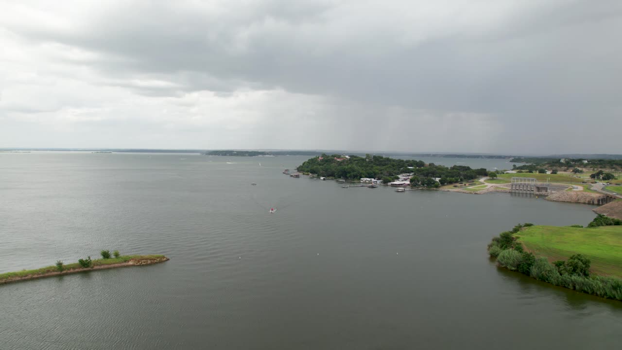 Aerial flight over Eagle Mountain Lake in Texas. Flight is heading approximately north out of the Marina